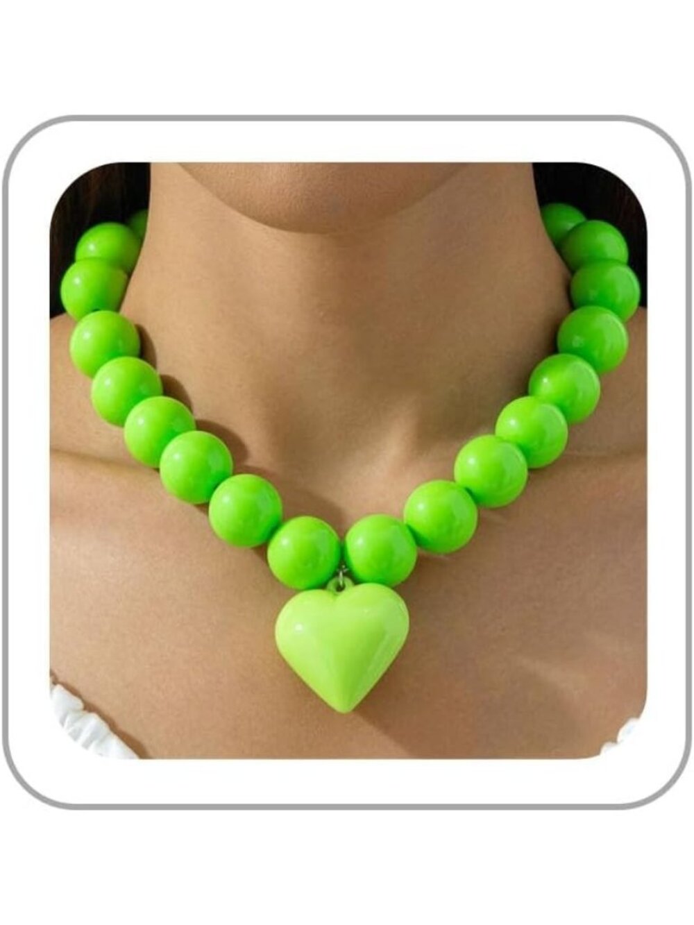 Women's Green Chunky Beaded Heart Pendant Necklace Trendy Y2k Choker Gift